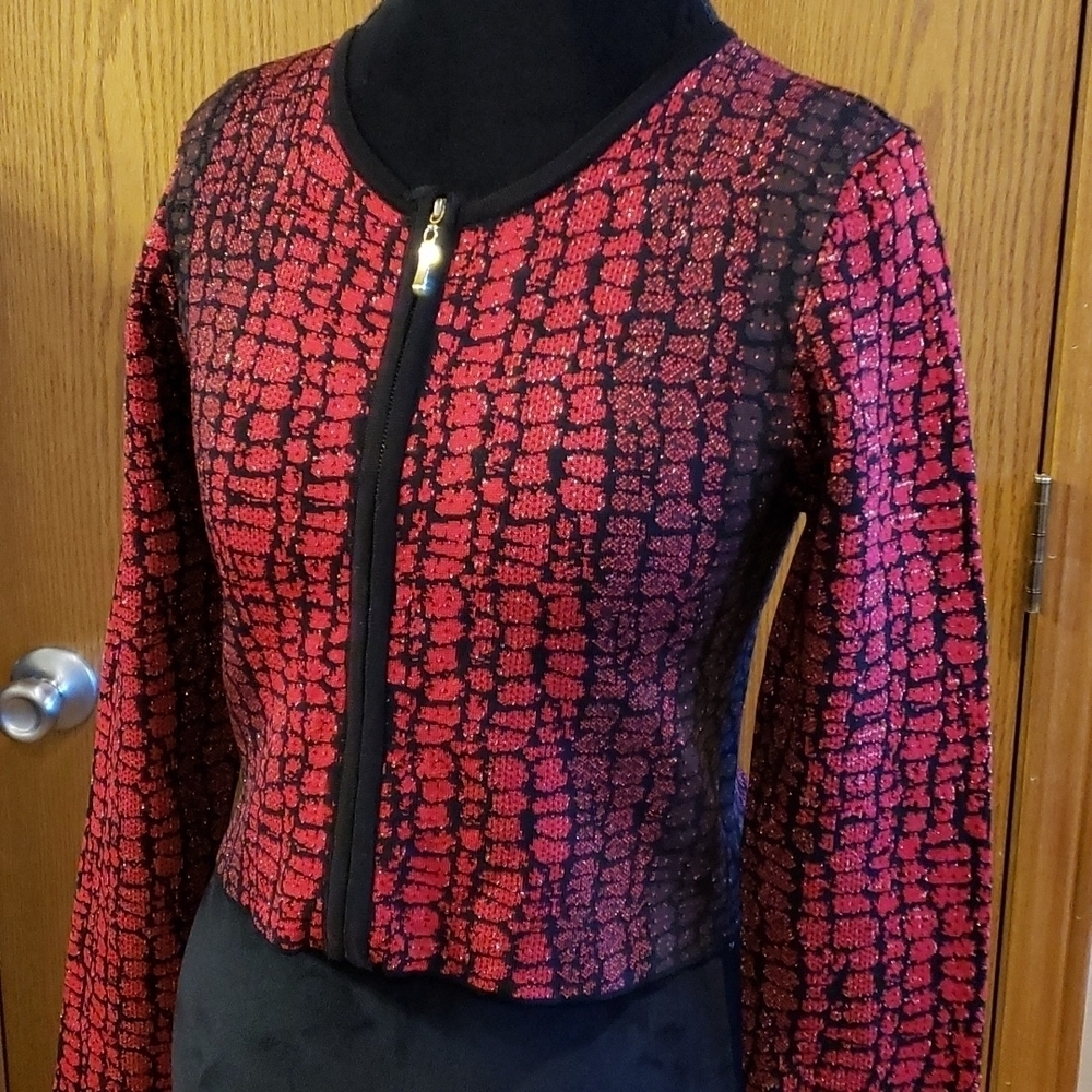 Carmen marc Calvo red black gold zip crop cardigan sweater